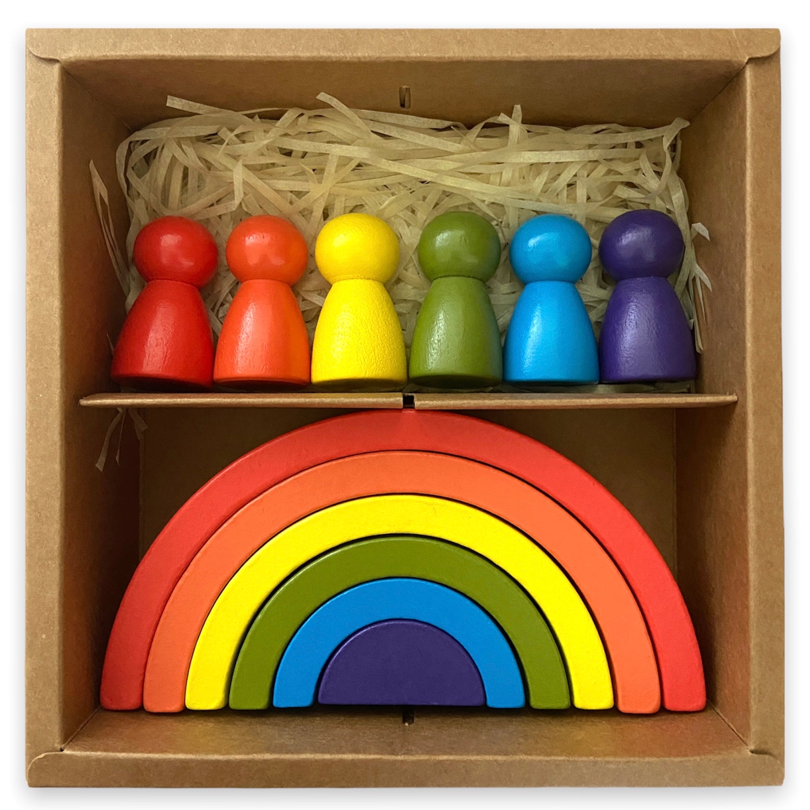 Wooden rainbow stacker with peg dolls