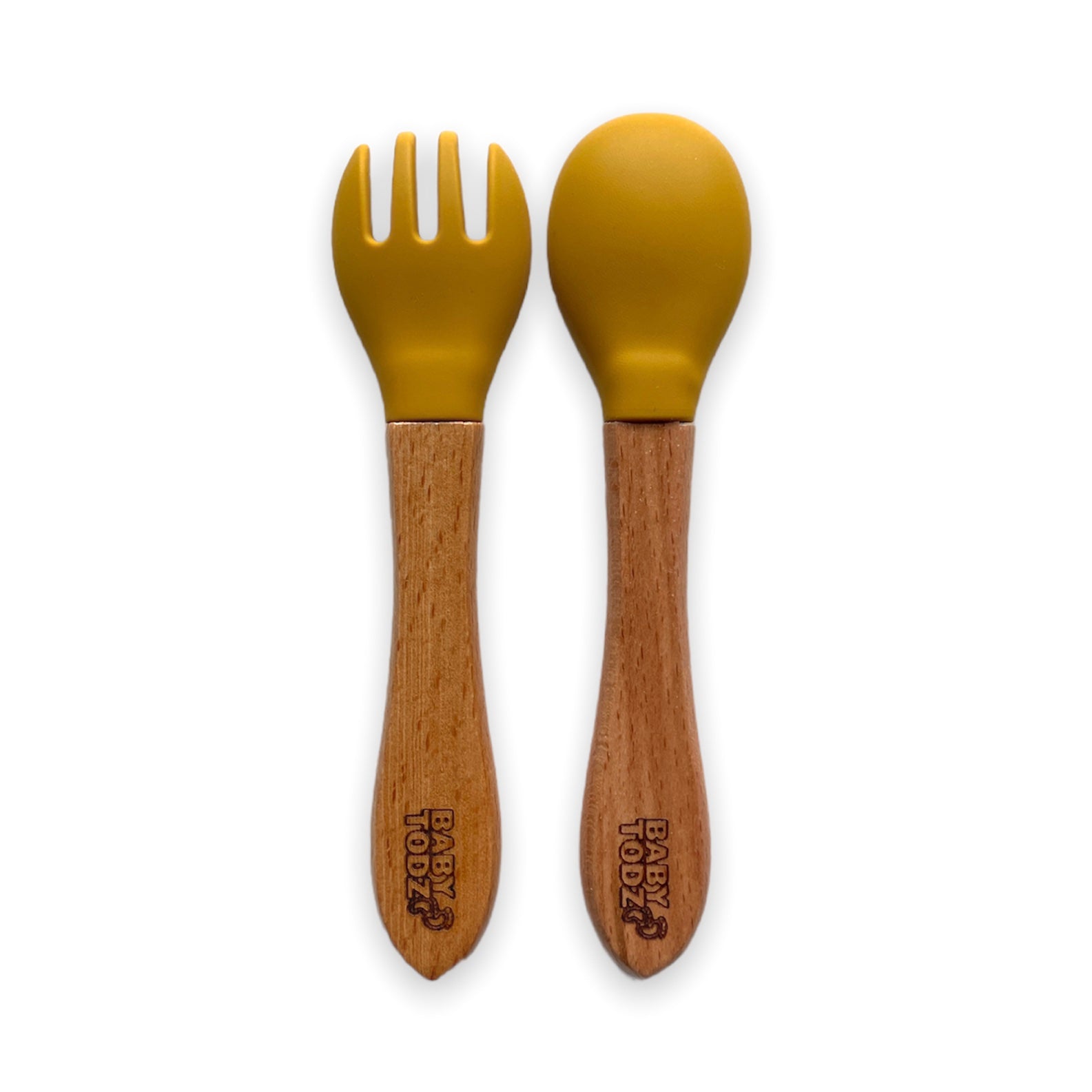 Mustard yellow wooden silicone fork and spoon